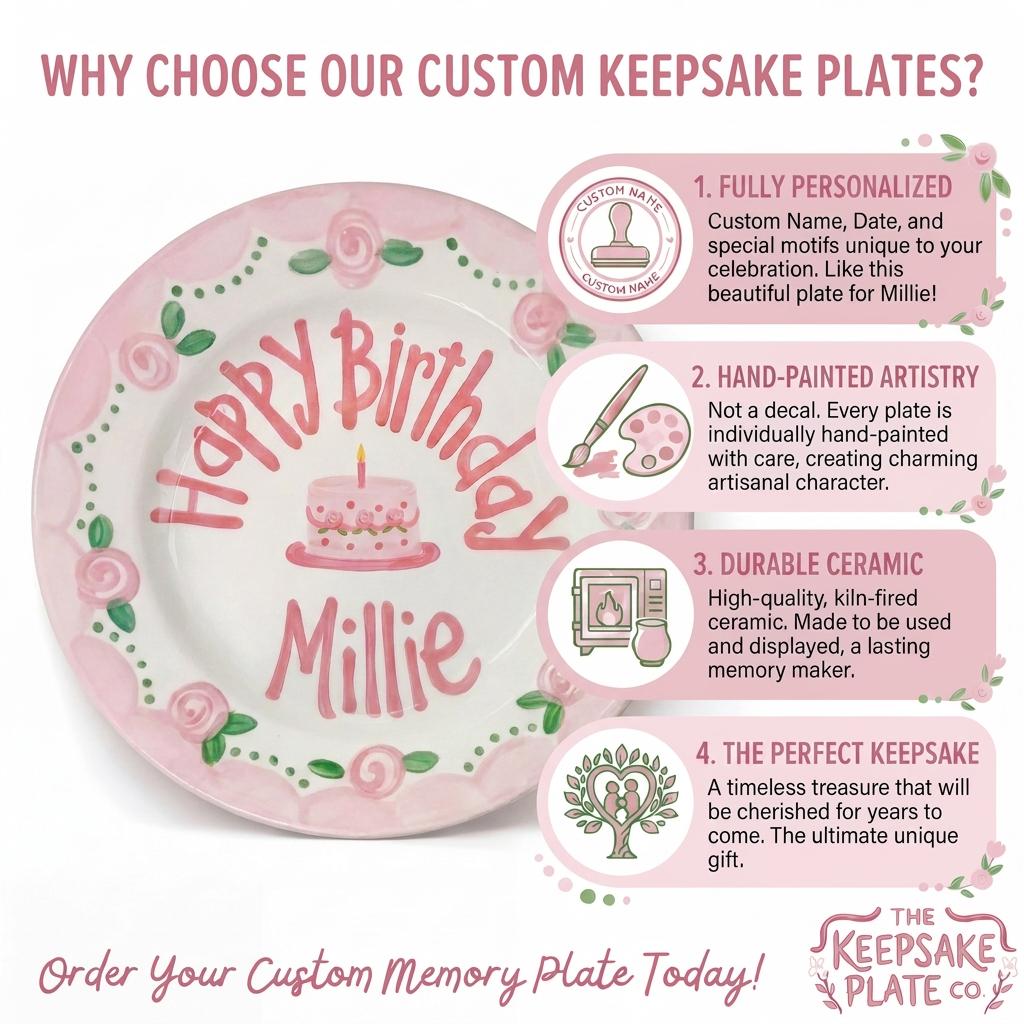 Personalized Birthday Plate – Pink Rose Garland & Cake Design | B063