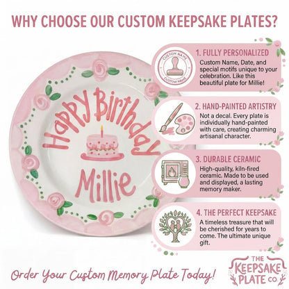 Personalized Birthday Plate – Pink Rose Garland & Cake Design | B063