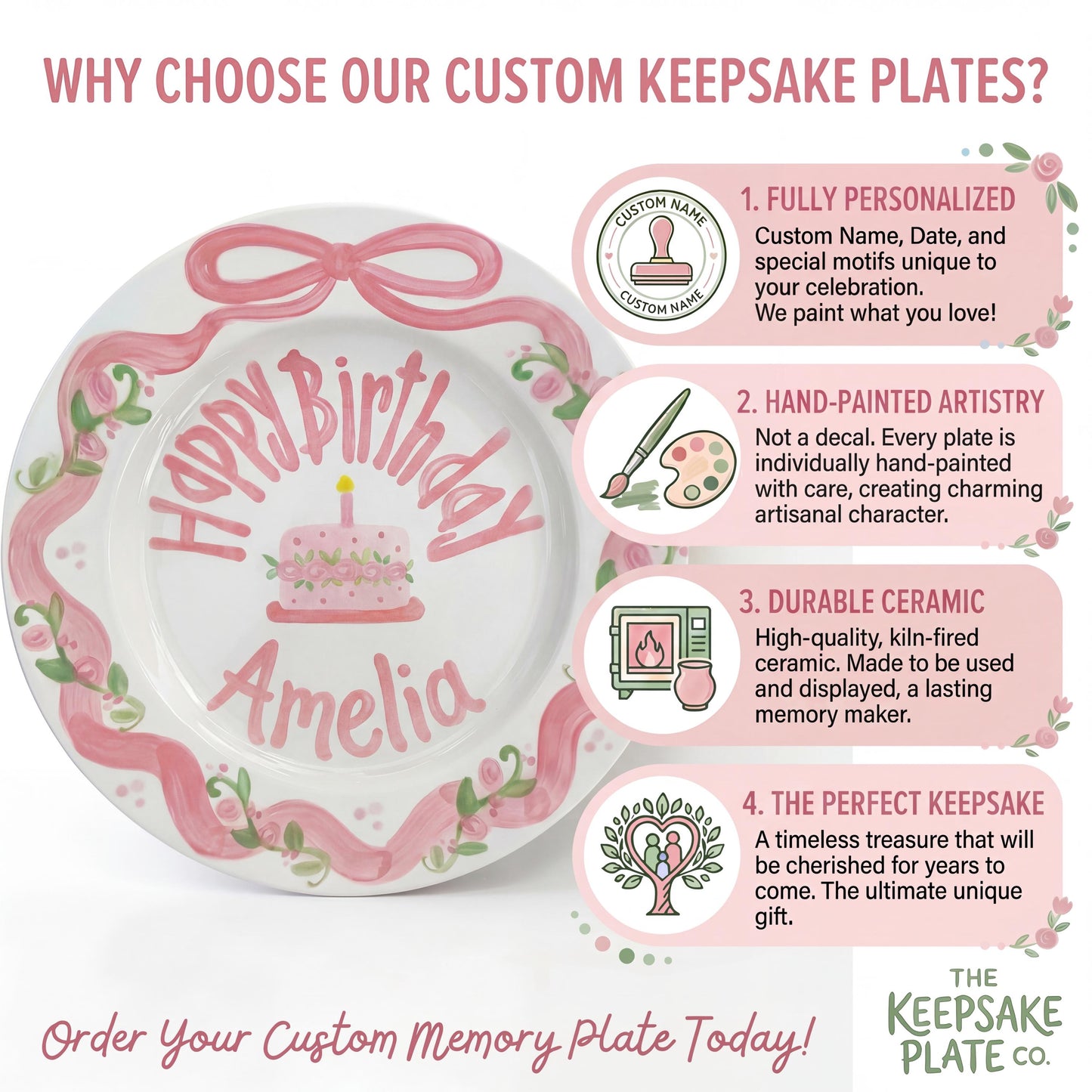 Personalized Birthday Plate – Pink Bow Floral Ribbon & Cake Design | B060