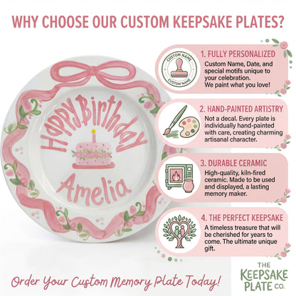 Personalized Birthday Plate – Pink Bow Floral Ribbon & Cake Design | B060