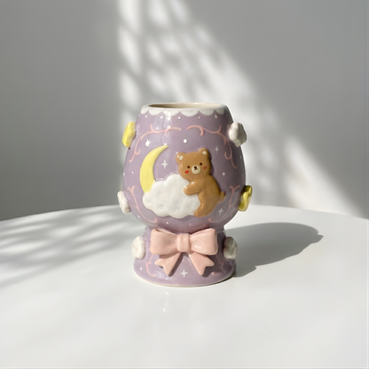 Lavender Dream Teddy Bear & Crescent Moon 3D Handcrafted Ceramic Matcha Bowl and Whisk Holder Set • HX27