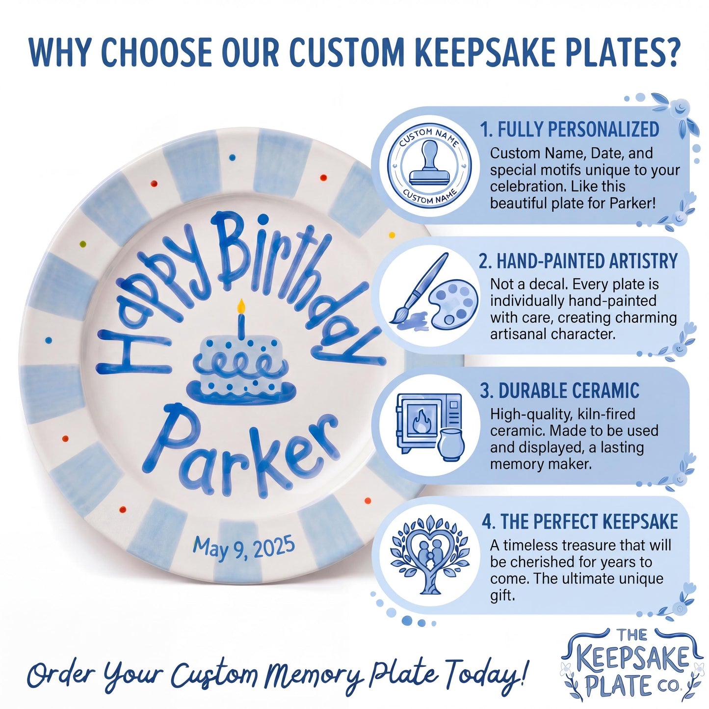 Personalized Birthday Plate – Blue Striped Cake & Polka Dot Design | B057