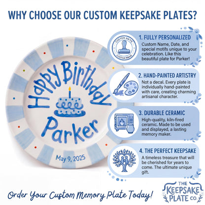 Personalized Birthday Plate – Blue Striped Cake & Polka Dot Design | B057