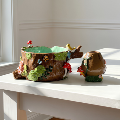 Handmade Ancient Tree Stump Ceramic Matcha Set • Forest Mushroom Chawan Bowl & Whisk Holder • HX52