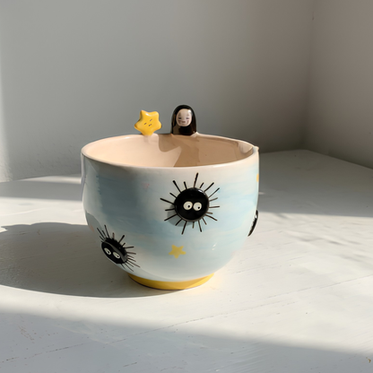 Spirited Away No-Face & Soot Sprite 3D Handcrafted Ceramic Matcha Bowl and Whisk Holder Set • HX18