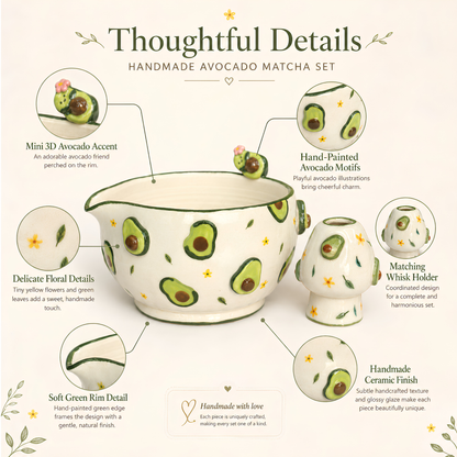 Cute Avocado Floral Ceramic Matcha Set – Handcrafted Spouted Bowl with 3D Avocado Figurine & Whisk Holder • HX59
