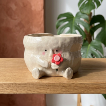Handcrafted Flower Giving Creature Ceramic Matcha Bowl and Whisk Holder Set • HX44