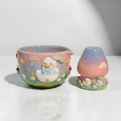 Cute Duck with Blue Bow 3D Ceramic Matcha Set, Handbuilt Duckling Matchawan and Whisk Holder • HX22