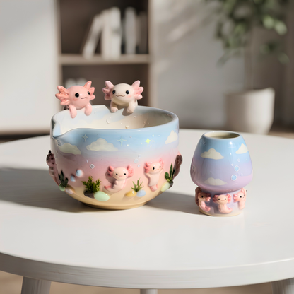 Ombre Axolotl Matcha Bowl | Handmade Ceramic Matcha Set | LA042