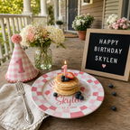Personalized Birthday Plate – Custom Name with Pink Checkered Rim & Cake Design – Birthday Gift | BGI013