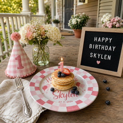 Personalized Birthday Plate – Custom Name with Pink Checkered Rim & Cake Design – Birthday Gift | BGI013
