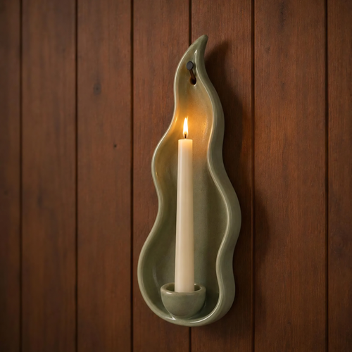 Ceramic Wall Candle Holder, Handmade Ceramic Sconce, Sage Green Taper Candle Holder, Minimalist Wall Decor, Rustic Home Decor | LA127