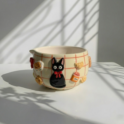 Checkered Jiji Cat Matcha Bowl | Handmade Ceramic Chawan | LA019