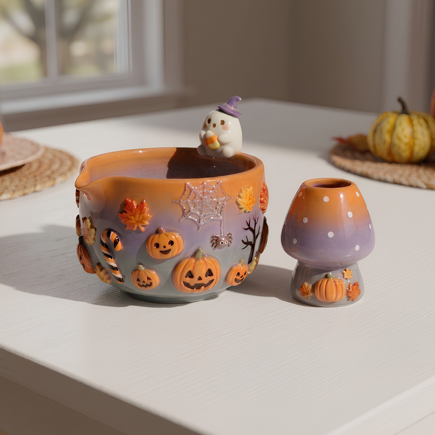 Ombre Halloween Matcha Bowl, Handmade Ceramic Matcha Set, Pumpkin Ghost Chawan with Whisk Holder | LA041