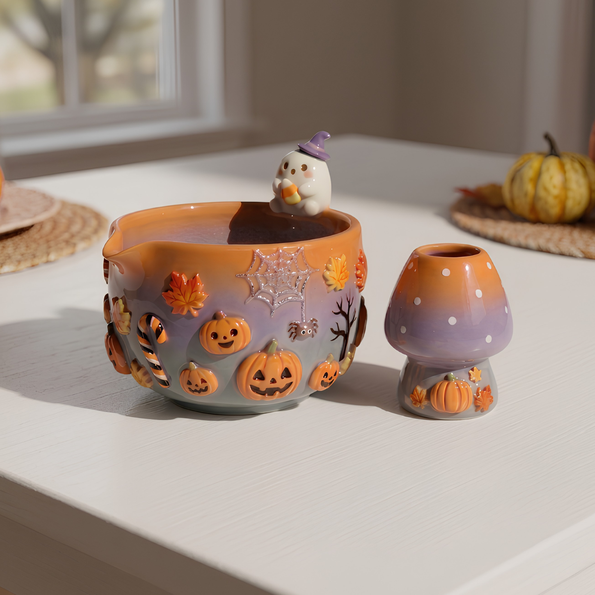 Ombre Halloween Matcha Bowl, Handmade Ceramic Matcha Set, Pumpkin Ghost Chawan with Whisk Holder | LA041