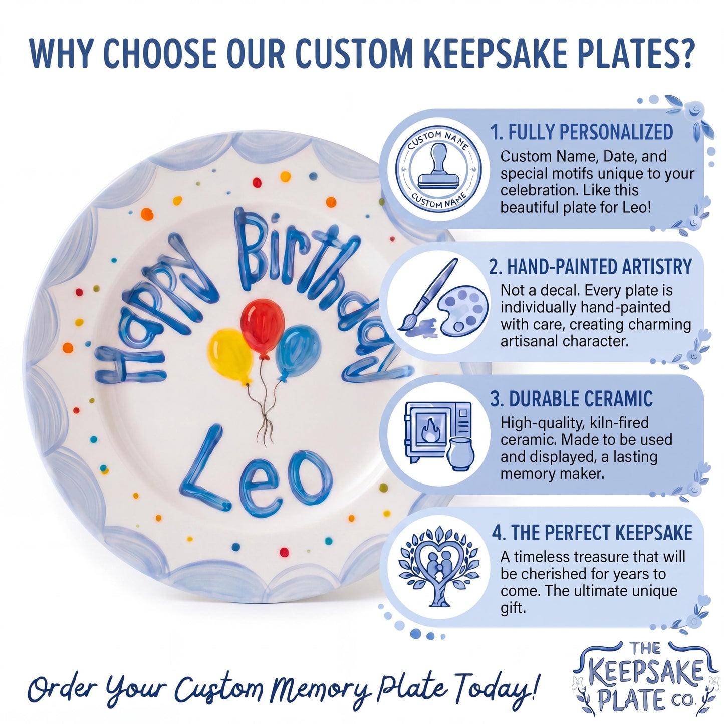 Personalized Birthday Plate – Blue Scalloped Edge with Balloons & Dots | B068