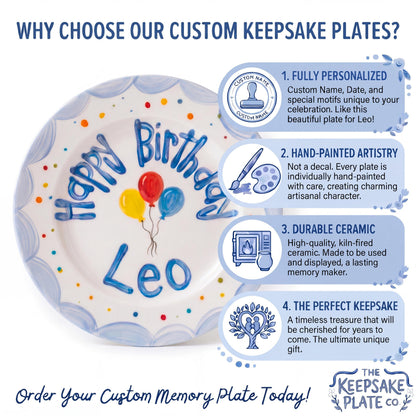 Personalized Birthday Plate – Blue Scalloped Edge with Balloons & Dots | B068