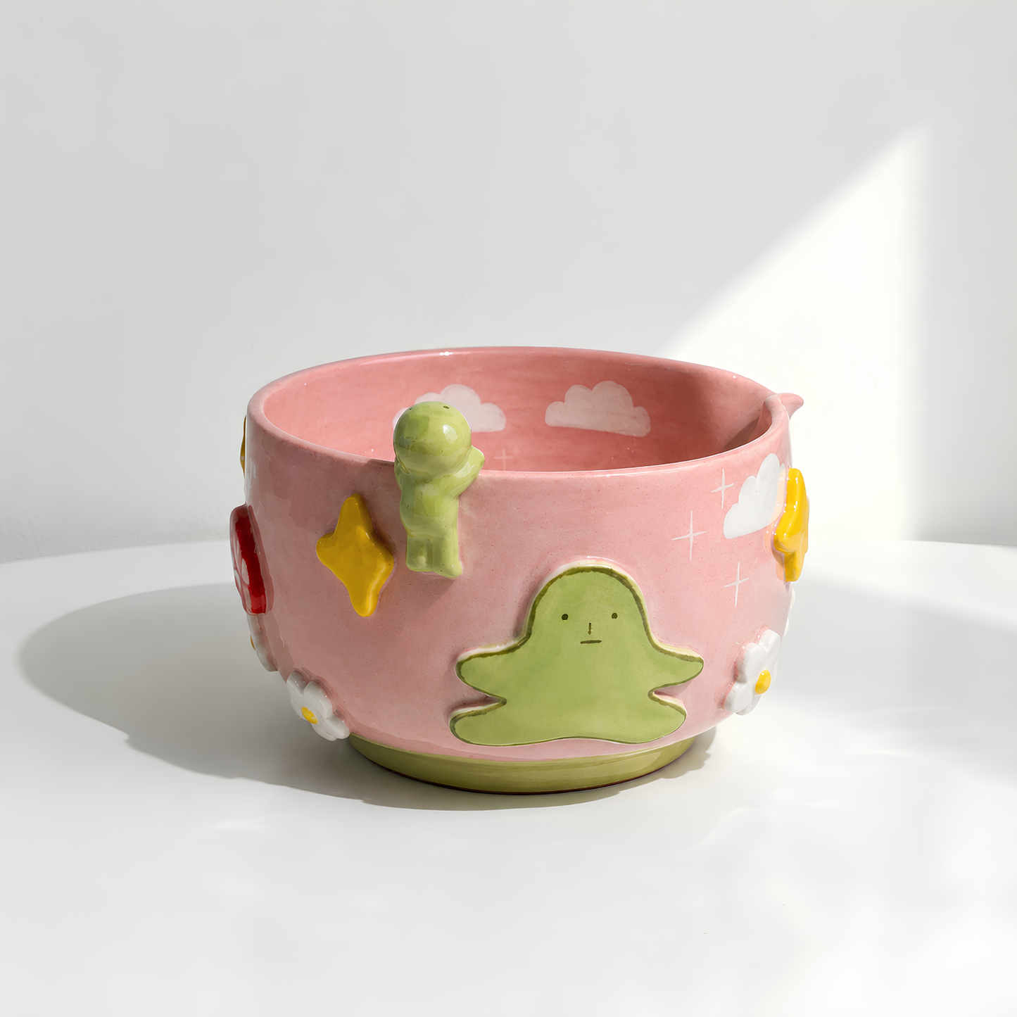 Fairytale Pink Sky Smiski 3D Handcrafted Ceramic Matcha Bowl and Whisk Holder Set • HX07