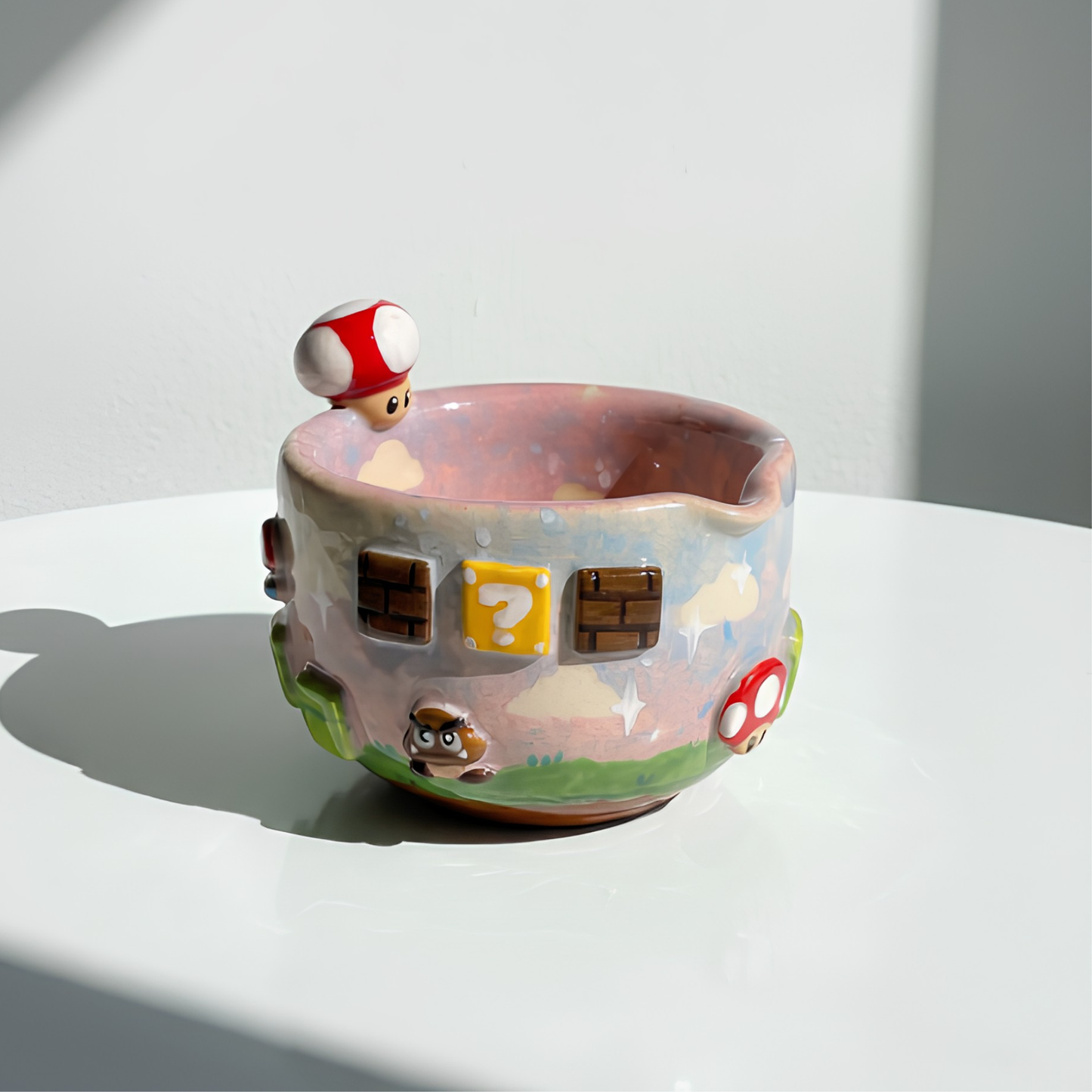 Handcrafted Mario World 3D Ceramic Matcha Bowl, Travel Mug & Super Mushroom Whisk Holder Set • HX20