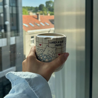 Handcrafted Ceramic Travel Mug with Built-in Lid, "Watch a Sad Movie" Cute Crying Cat Commuter Cup • HX23