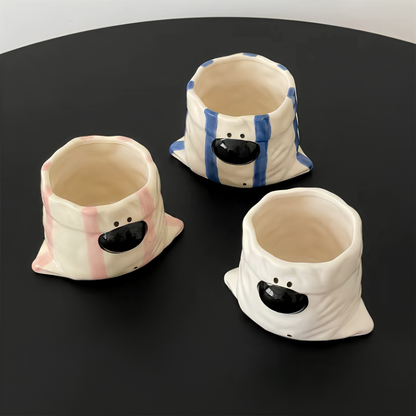 Handcrafted Blueberry Ceramic Bag Mug, Cute Hand-painted Blue Stripe Paper Bag Shaped Cup • HX43