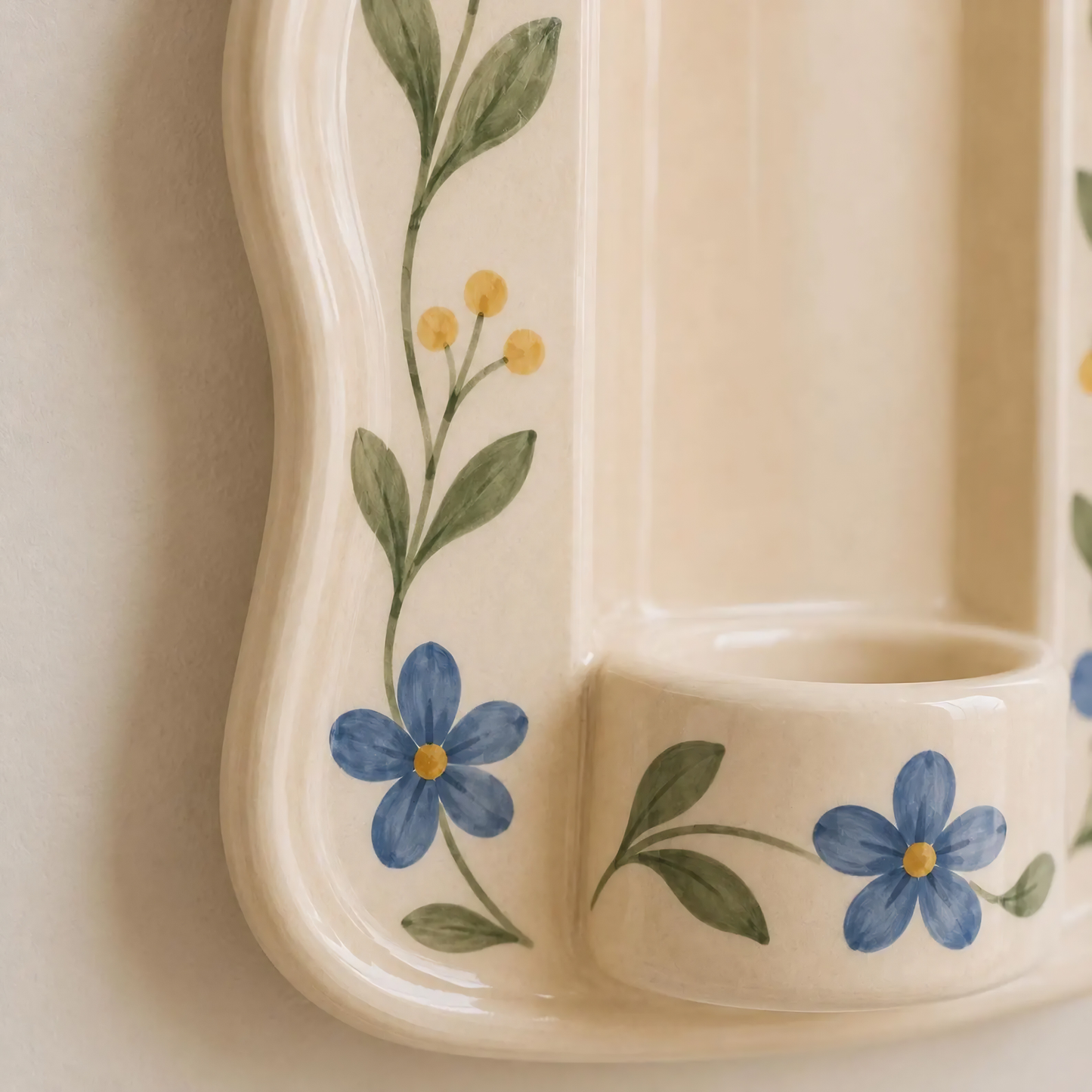 Ceramic Wall Candle Holder, Hand Painted Blue Floral Sconce, Vintage Cottagecore Taper Candle Decor, Farmhouse Wall Accent | LA140