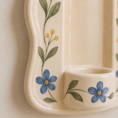 Ceramic Wall Candle Holder, Hand Painted Blue Floral Sconce, Vintage Cottagecore Taper Candle Decor, Farmhouse Wall Accent | LA140