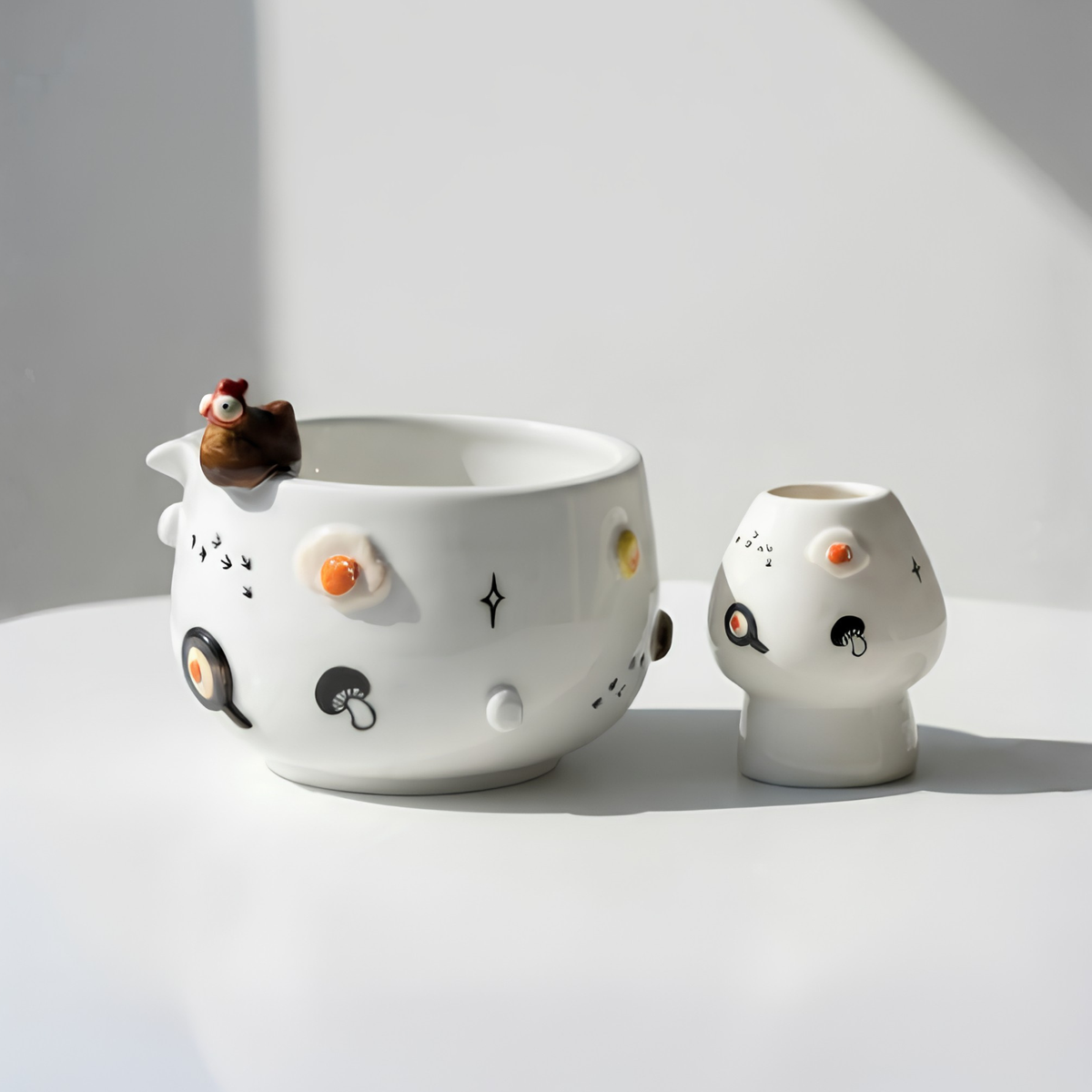 Cute 3D Chicken & Fried Egg Ceramic Matcha Bowl and Whisk Holder Set • HX02