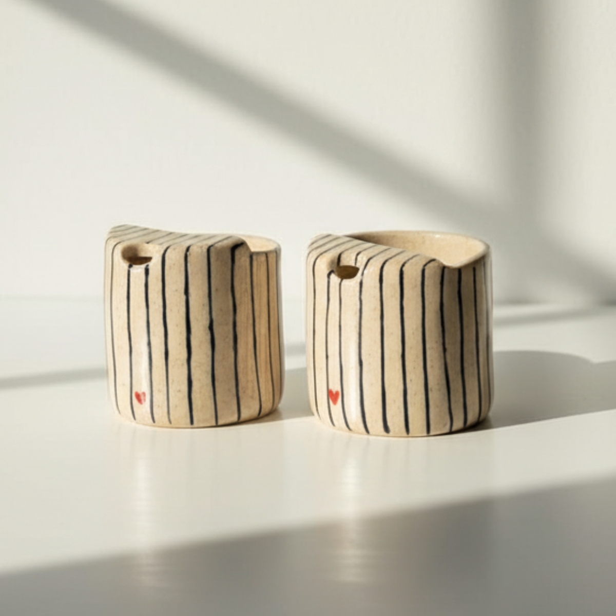 Handcrafted Ceramic Travel Mug with Blue Stripes and Red Heart – Minimalist Reusable Ceramic Coffee Cup & Tumbler • HX03
