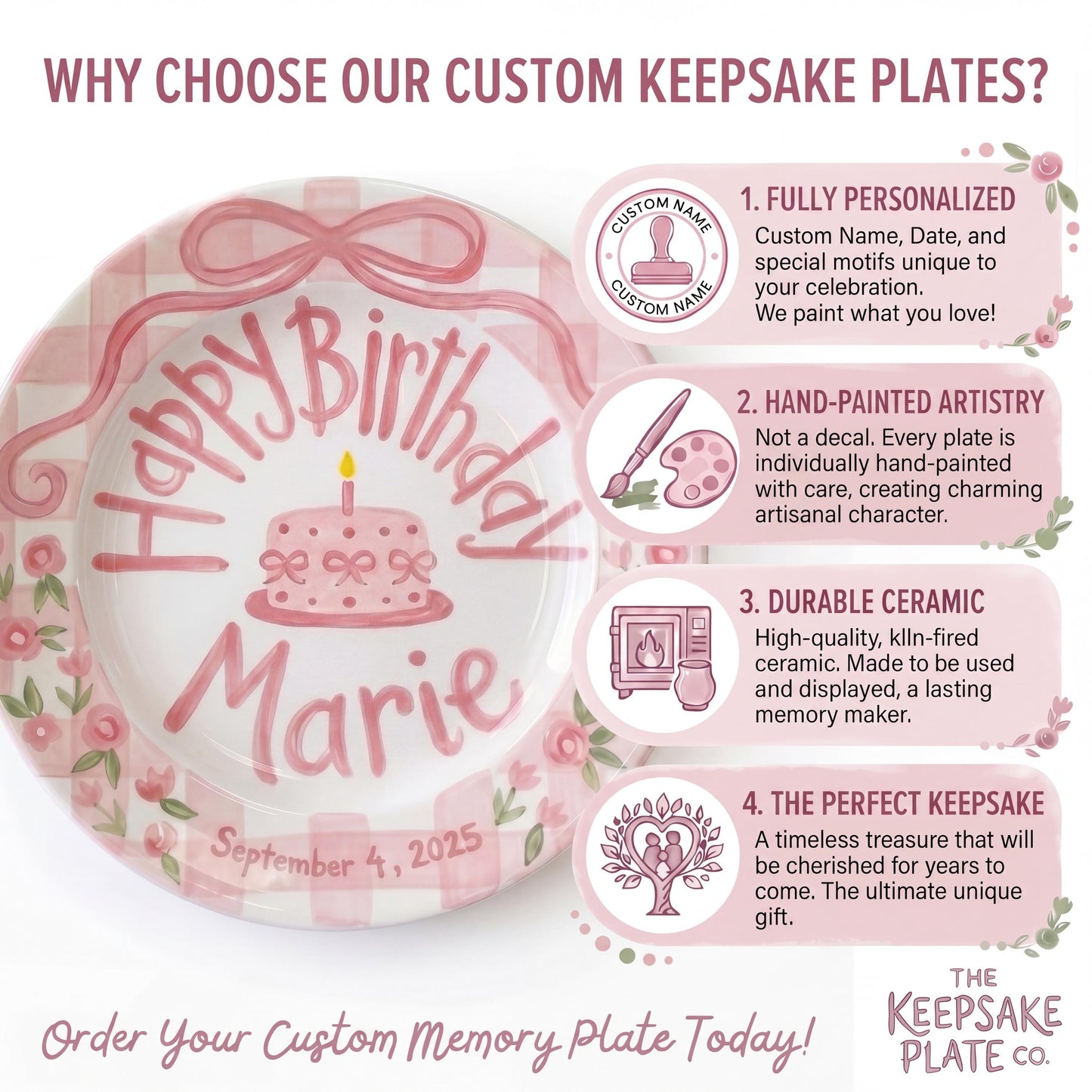 Personalized Birthday Plate – Pink Gingham Bow, Floral & Cake Design | B069