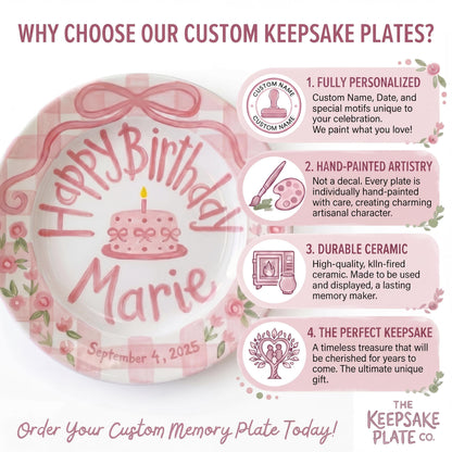 Personalized Birthday Plate – Pink Gingham Bow, Floral & Cake Design | B069