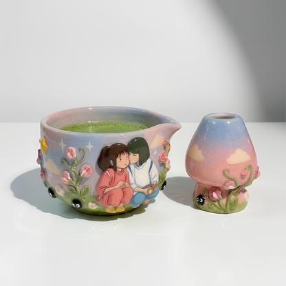Spirited Away Chihiro & Haku 3D Handcrafted Ceramic Matcha Bowl and Whisk Holder Set • HX23