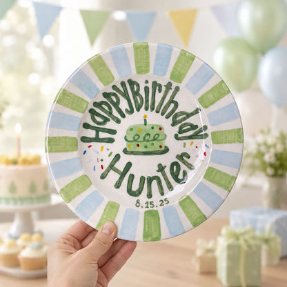 Custom Hand Painted Ceramic Birthday Plate, Green Blue Stripe Plate, Personalized Birthday Plate with Date, First Birthday Gift Boy | B021