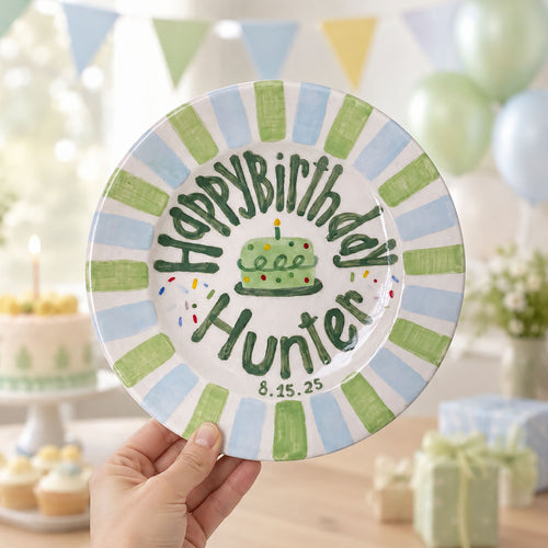 Custom Hand Painted Ceramic Birthday Plate, Green Blue Stripe Plate, Personalized Birthday Plate with Date, First Birthday Gift Boy | B021