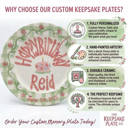 Personalized Birthday Plate – Green Gingham Rose Vine & Floral Cake Design | B047