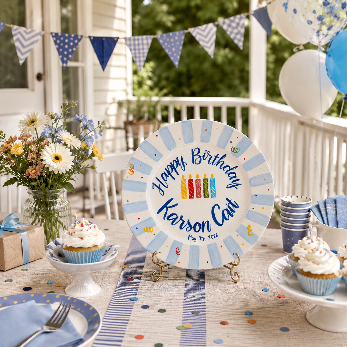 Personalized Birthday Plate – Light Blue Striped Border & Colorful Birthday Candles Design | BGI004