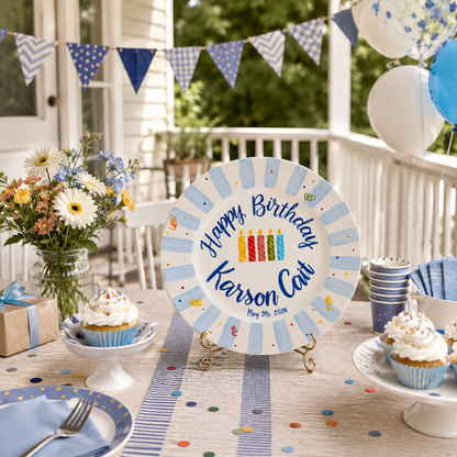 Personalized Birthday Plate – Light Blue Striped Border & Colorful Birthday Candles Design | BGI004