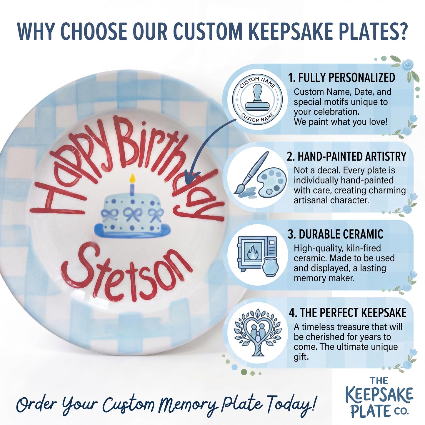 Personalized Birthday Plate – Blue Gingham Border & Blue Cake Design | B054