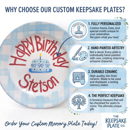 Personalized Birthday Plate – Blue Gingham Border & Blue Cake Design | B054