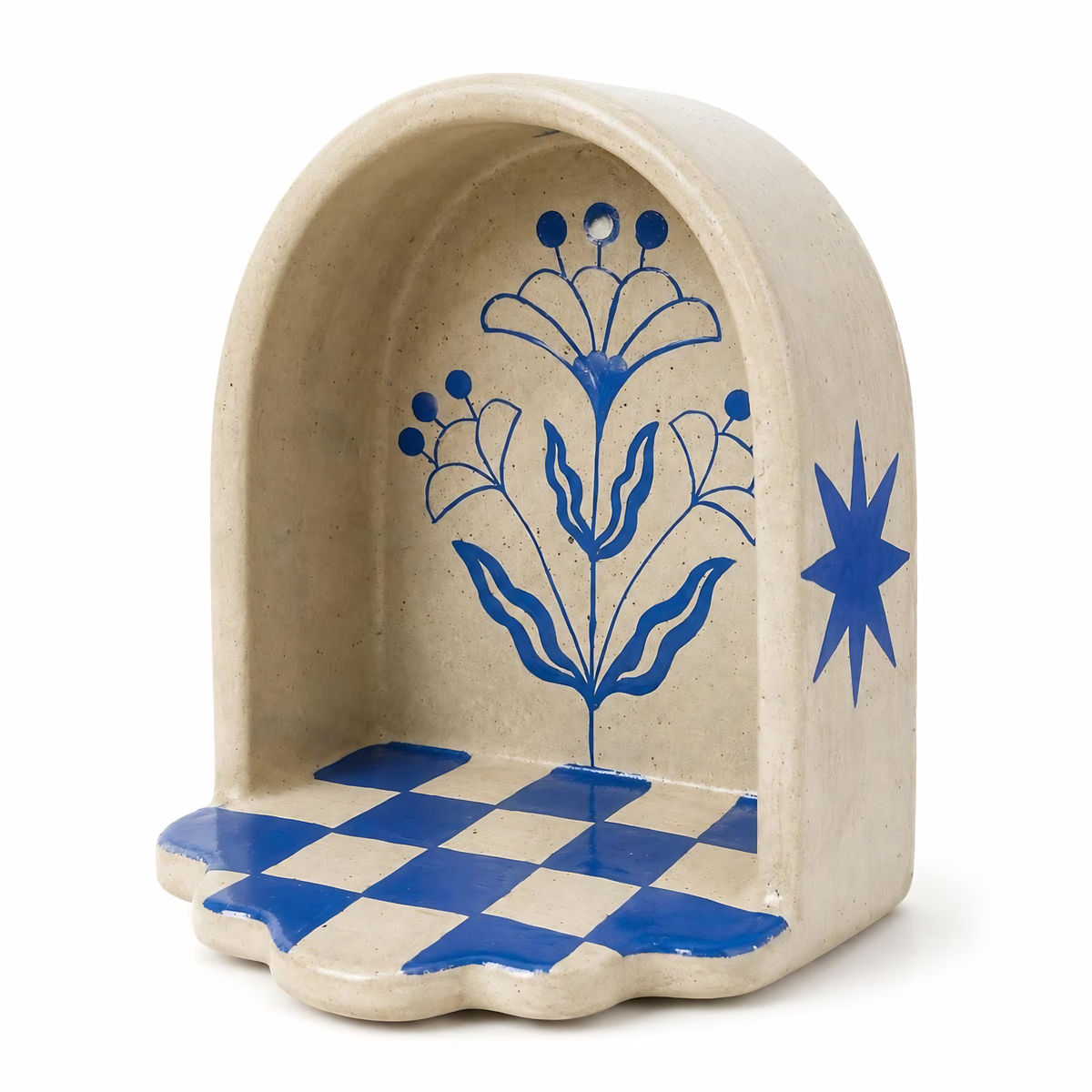 Handmade Ceramic Wall Niche Candle Holder, Blue Floral Pottery Wall Decor, Unique Housewarming Gift | LA143