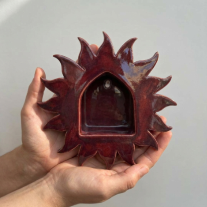 Handcrafted Red Sunburst Ceramic Wall Candle Sconce, Burgundy Sun Medallion Tealight Holder • HX35