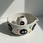 Handcrafted Soot Dust Ceramic Matcha Bowl with Spout, Cute Black Puff Spirit 3D Matchawan • HX15
