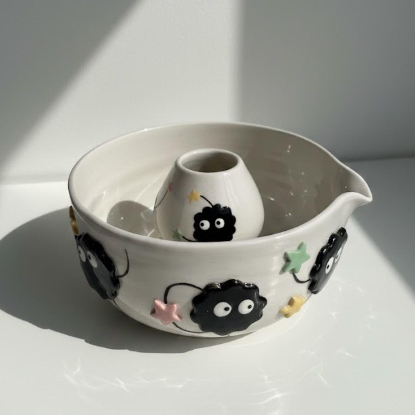 Spirited Away Susuwatari 3D Handcrafted Ceramic Matcha Bowl and Soot Sprite Whisk Holder Set • HX15