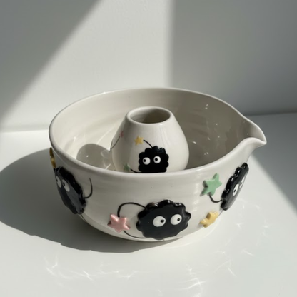 Spirited Away Susuwatari 3D Handcrafted Ceramic Matcha Bowl and Soot Sprite Whisk Holder Set • HX15