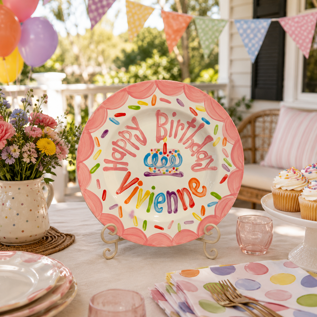 Personalized Birthday Plate – Pink Scalloped Border, Colorful Sprinkles & Cake Design | BHL010