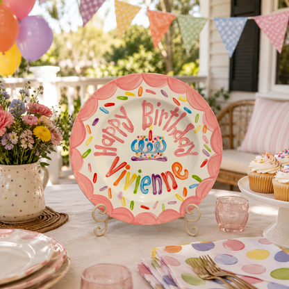 Personalized Birthday Plate – Pink Scalloped Border, Colorful Sprinkles & Cake Design | BHL010