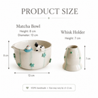 Handcrafted Sweet Cat & Tiny Cake 3D Ceramic Matcha Bowl and Whisk Holder Set – Pastel Mint Star Edition • HX13