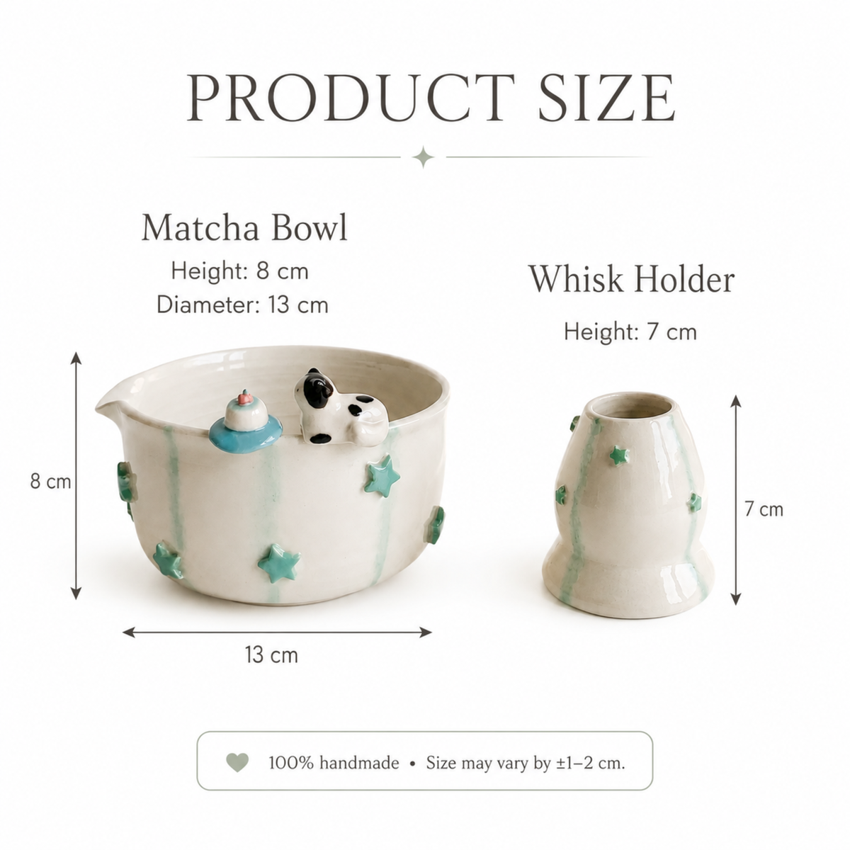 Handcrafted Sweet Cat & Tiny Cake 3D Ceramic Matcha Bowl and Whisk Holder Set – Pastel Mint Star Edition • HX13