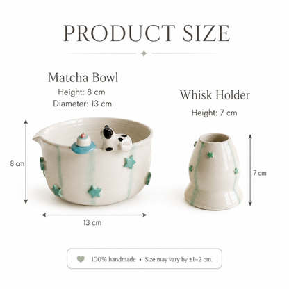 Handcrafted Sweet Cat & Tiny Cake 3D Ceramic Matcha Bowl and Whisk Holder Set – Pastel Mint Star Edition • HX13