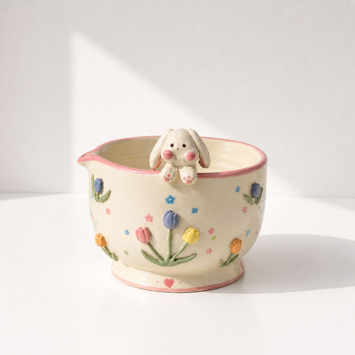 Cute 3D Bunny & Tulip Ceramic Matcha Bowl and Whisk Holder Set • HX04